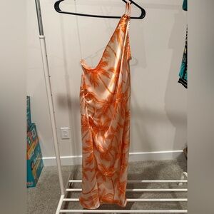 One-Shoulder Orange Palm Print Satin Dress